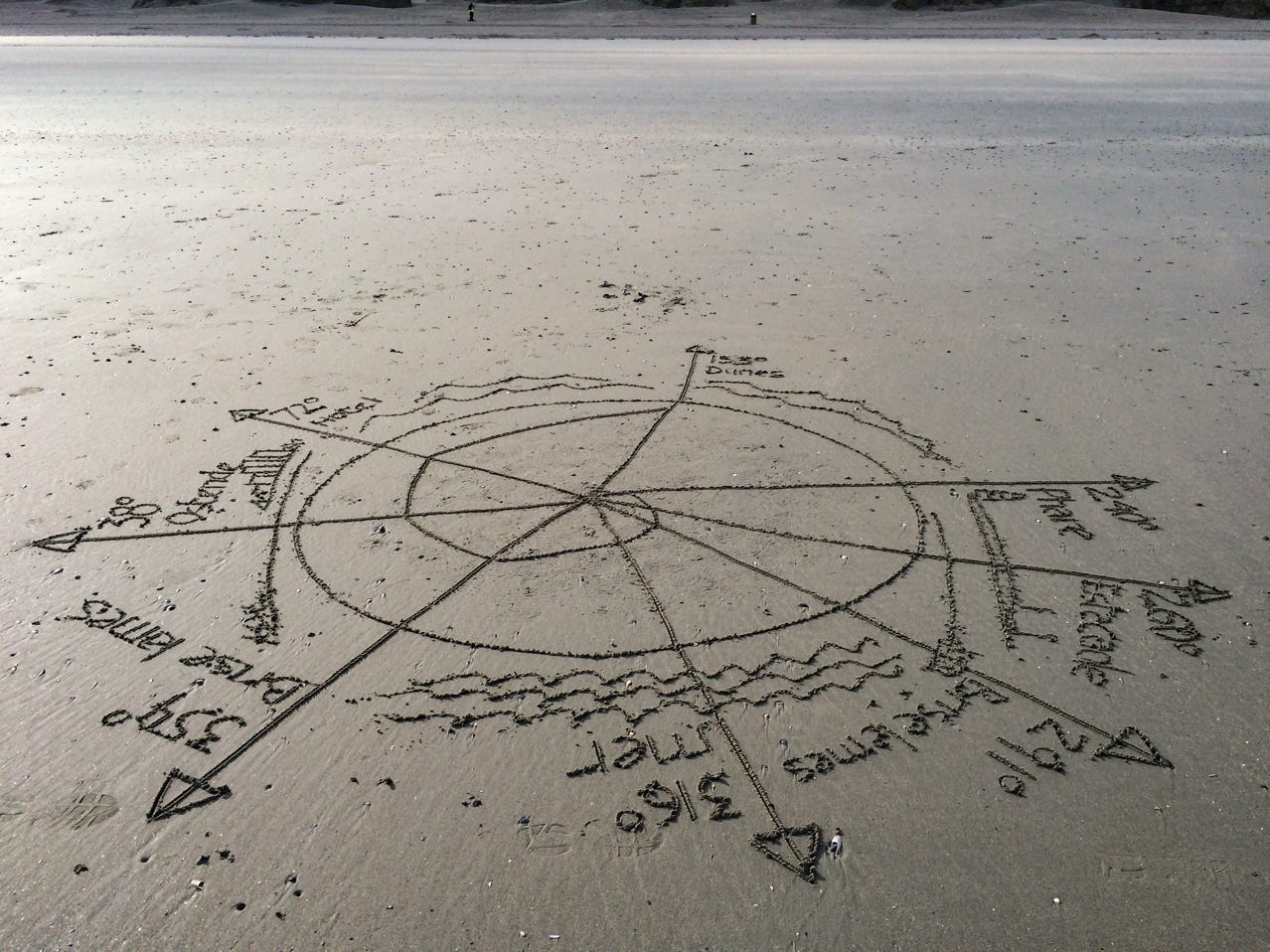 dessins éphémères sur le sable mouillé à marée basse
