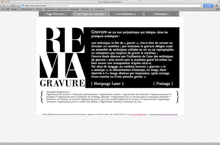 Éléments de l'identité visuelle de REMA-gravure : carte de visite, pages web